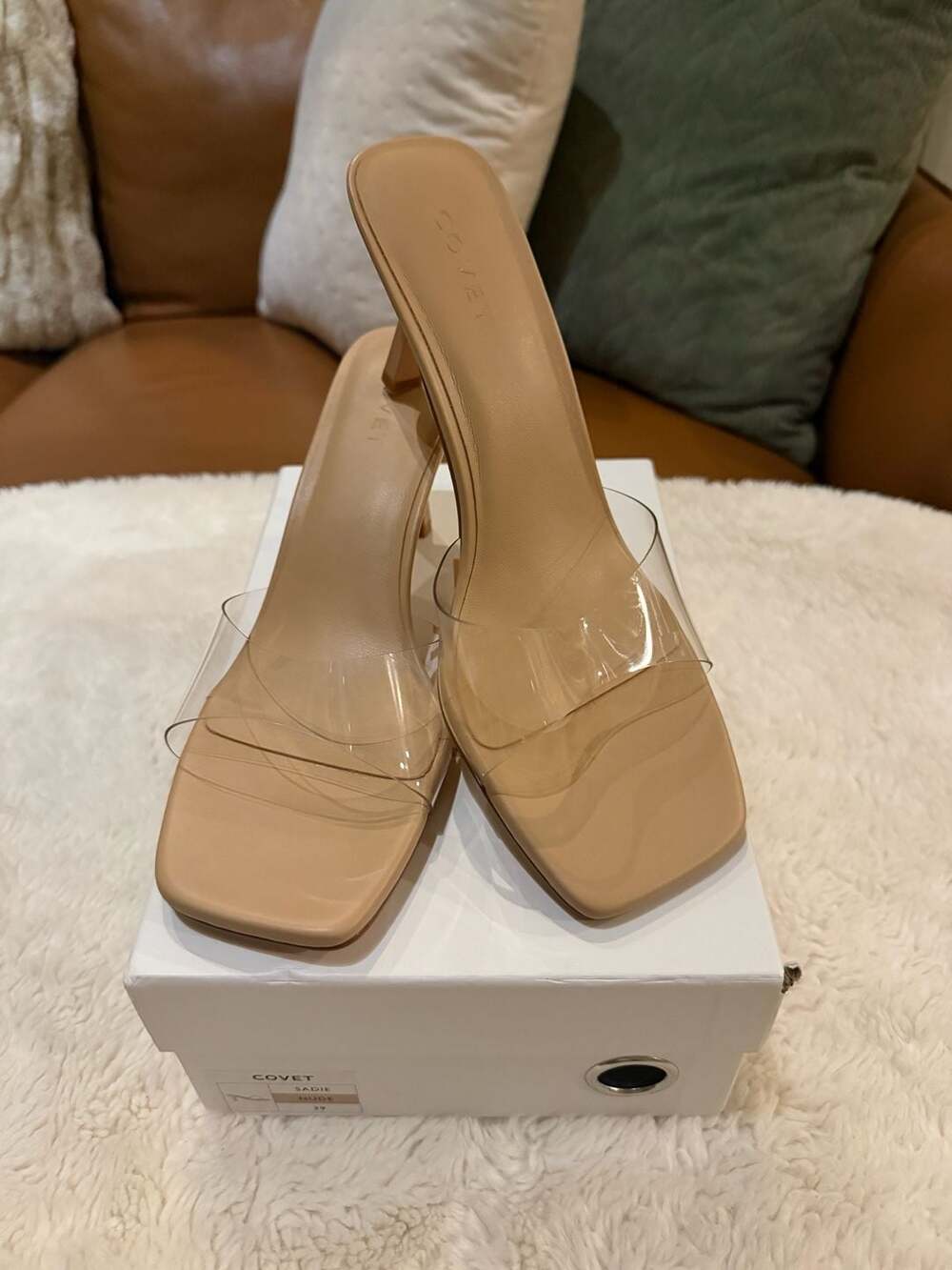 Covet Sadie Nude Clear Kitten Heels Square Toe Mules -Size 39 - New In Box